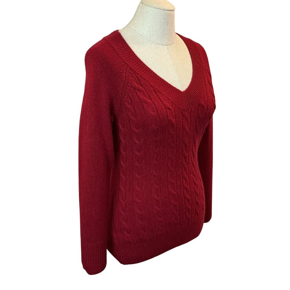 Caslon Petite M Red V-Neck Cable Knit Sweater 100% Cashmere Long Sleeve - Picture 6 of 10
